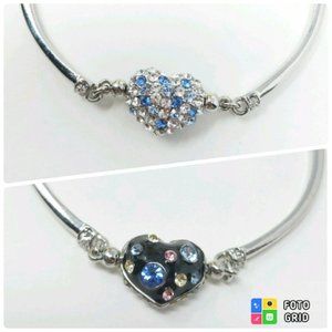 Reversible Bracelet Estate Silver tone Puffy Heart with rhinestones